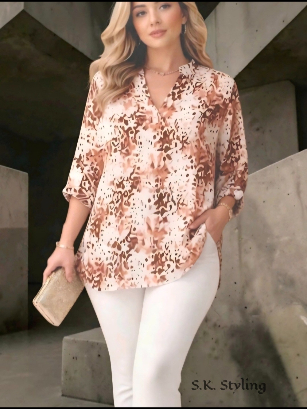 Liberty Love Women's Flowy Blouse Mauve/Tan Animal Print 3/4 Roll Tab Sleeve 3X